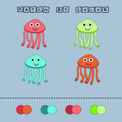 Developing activity for children -  match the  jellyfishes by  color. Logic game for children.
