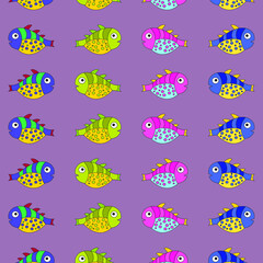 Pattern with painted colorful fishes. Can be used for wallpaper, textiles, packaging, cards, covers. Small cute animal on a blue  background.