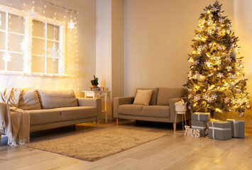 Interior of modern living room with Christmas tree