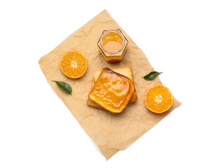 Obraz na płótnie Canvas Tasty toast with tangerine jam on white background