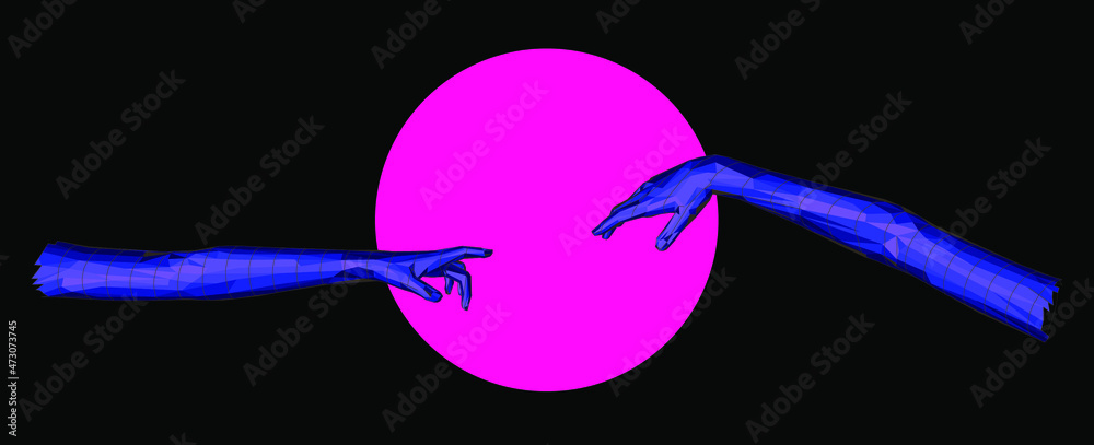 Poster vector 3d model of hands going to touch together, reminiscent of michelangelo's artwork. cyberpunk a