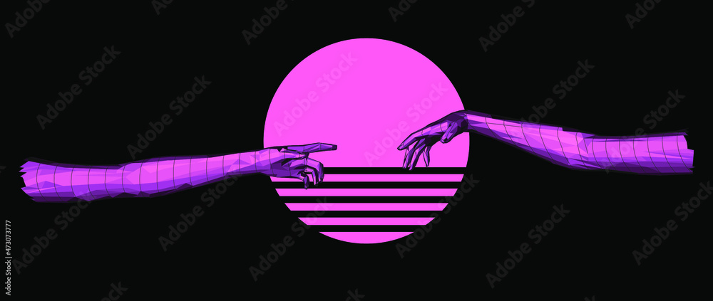 Poster vector 3d model of hands going to touch together, reminiscent of michelangelo's artwork. cyberpunk a