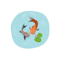 Vector illustration of Fish multi-color and orange koi in blue lake with lotus on white background