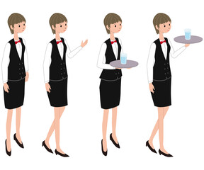 アイソメ　9等身　若い女性　飲食店員　4ポーズ