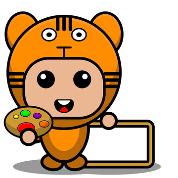 vector cartoon character mascot costume animal cute predatory tiger holding painting tool