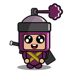 vector cartoon character cute purple pilox spray mascot costume army holding gun and bullet