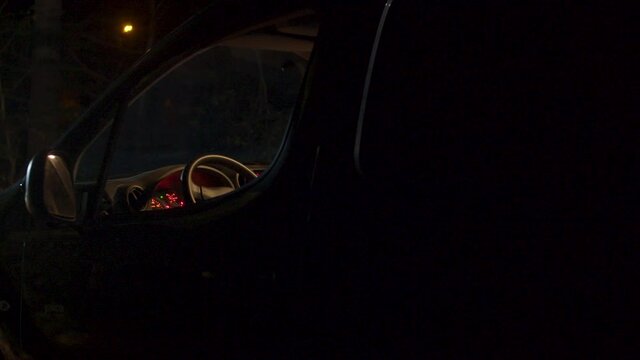 Woman stepping into delivery van parked in a forest at night