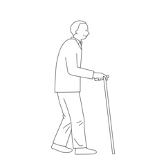 Illustration of a senior man walking with a cane (white background, vector, cut out)