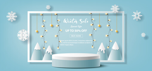 Winter sale product banner, podium platform with geometric shapes and snowflake, paper illustration, and 3d paper.