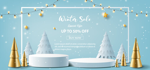 Winter sale product banner, podium platform with geometric shapes and snowflake, paper illustration, and 3d paper.