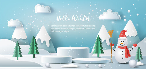 Winter landscape with snowy background, product banner, podium platform with geometric shapes and snowman, paper illustration, and 3d paper.