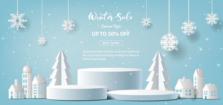 Winter sale product banner, podium platform with geometric shapes and snowflake, paper illustration, and 3d paper.