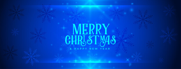 blue merry christmas shiny snowflakes banner design