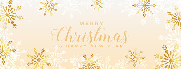 Fototapeta na wymiar merry christmas golden snowflakes wide banner design