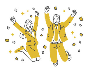 ジャンプして喜ぶスーツ男女・紙吹雪