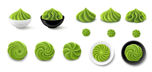 Set of wasabi portions in various shapes, paste in bowls isolated on white background. Top and side view. Realistic vector illustration. - obrazy, fototapety, plakaty