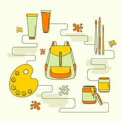 Illustration of artist's bag with draw elements: brushes, tubes and jars of paint, palette, blot of paint. Hand drawn vector flat illustration for websites pages, posters, banner, flyer. 