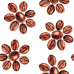 Flowers from coffee beans. Seamless pattern. Watercolor