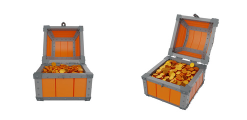 Wooden Medieval Chest with Golden Coins. 3D Illustration. Isolated on White Background.