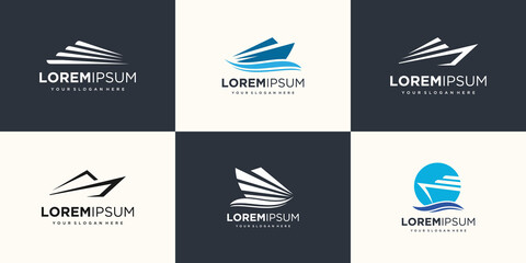 speed boat with waves element logo icon set. boat logo design template vector.