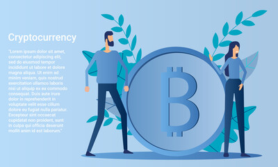 Cryptocurrency.People on the background of the bitcoin coin.Poster in business style.Flat vector illustration.