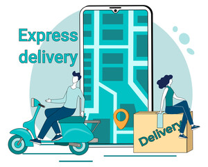 Express delivery.A courier on a scooter delivers orders.The concept of logistics and online orders and courier service.Poster in business style.Flat vector illustration.