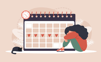 Woman period. Menstruation calendar shedule. Female critical day problems. Sad girl with pms. Vector illustration in flat cartoon style. - obrazy, fototapety, plakaty