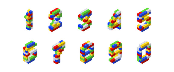 Isometric numbers made up of colored blocks on a white background. For printing and decorating textbooks.Vector illustration.