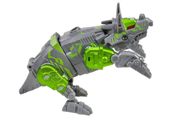 Green-gray dinosaur robot on a white background, isolated image