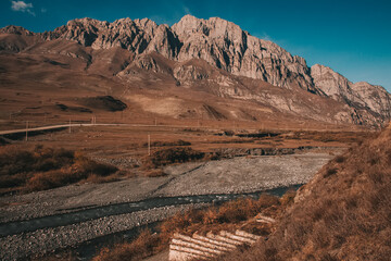 Mountain landscape in North Ossetia. The road in the mountains