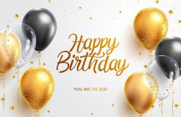 Birthday greeting vector background design. Happy birthday typography text with elegant gold black balloons and golden confetti for birth day celebration card. Vector illustration.
 - obrazy, fototapety, plakaty