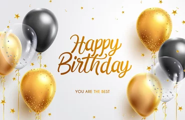 Foto op Aluminium Birthday greeting vector background design. Happy birthday typography text with elegant gold black balloons and golden confetti for birth day celebration card. Vector illustration.  © ZeinousGDS