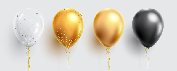 Birthday elegant balloons vector set. Floating balloon elements in gold and black colors with confetti decor isolated in white background for birth day party celebration decoration. 