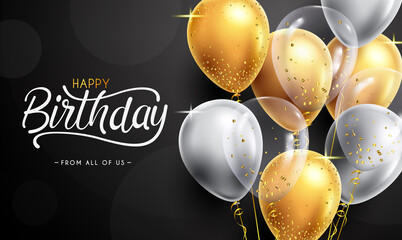 Birthday elegant balloons vector design. Happy birthday text with gold gray balloon and confetti in black background for birth day celebration messages card. Vector illustration.
