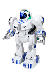 White and blue toy robot, on a white background. Isolated image