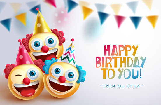 Birthday clowns vector background design. Happy birthday greeting text with smileys clown character in funny and smiling faces for fun and enjoy birth day celebration. Vector illustration.
