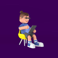 3d rendering of boy sitting on yellow chair playing tablet illustration