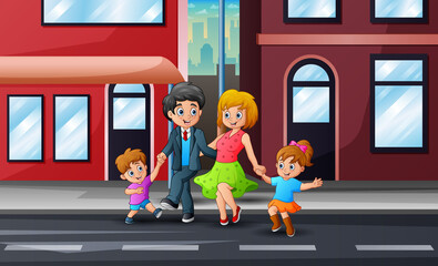 Cartoon happy family walking across the street