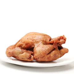 Whole roasted chicken on white background