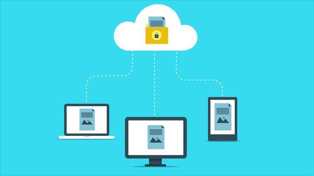 Secure cloud document, online cloud data storage, opening cloud document on multiple digital devices, network technology, internet communication concept,  2d animation 4k video clip.