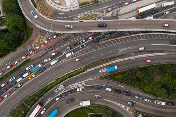 Top down view of busy traffic system in Hong Kong