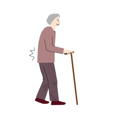 recommend clip art: Illustration of a senior woman walking with a cane (Low back pain)(white background, vector, cut out)