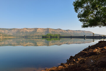 Panoramic landscape view of beautiful Panshet dam located in Pune, Maharashtra, India