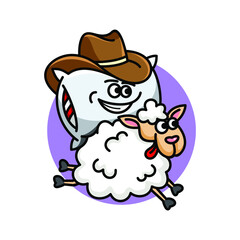 funny cartoon pillows in costume cowboy  riding a sheep, Design element for logo, poster, card, banner, emblem, t shirt. Vector illustration