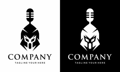 spartan podcast logo. mic logo design vector template. on a black and white background.