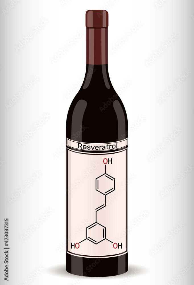 Wall mural resveratrol molecule and bottle of wine. resveratrol is natural phenol, phytoalexin, antioxidant. sk