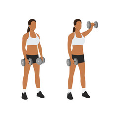 Fototapeta na wymiar Woman doing Forward. front shoulder Single dumbbell raises exercise. Flat vector illustration isolated on white background