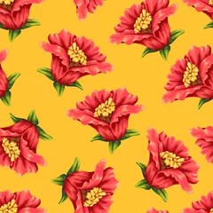 Gordijnen Vintage Bloemen Beautiful drawing of a red blooming flowers of pomegranate. Green leaves. Seamless yellow background with pattern.  © Yellow Dahlia
