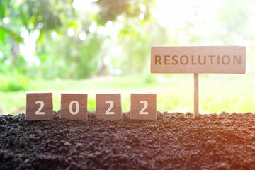 New year 2022 life goals, resolution and new priorities concept. Wooden blocks dice on a natural...
