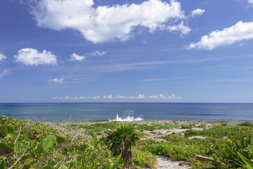 Rocky coast of the sea in La Riviera Maya en México on a blue sky as background